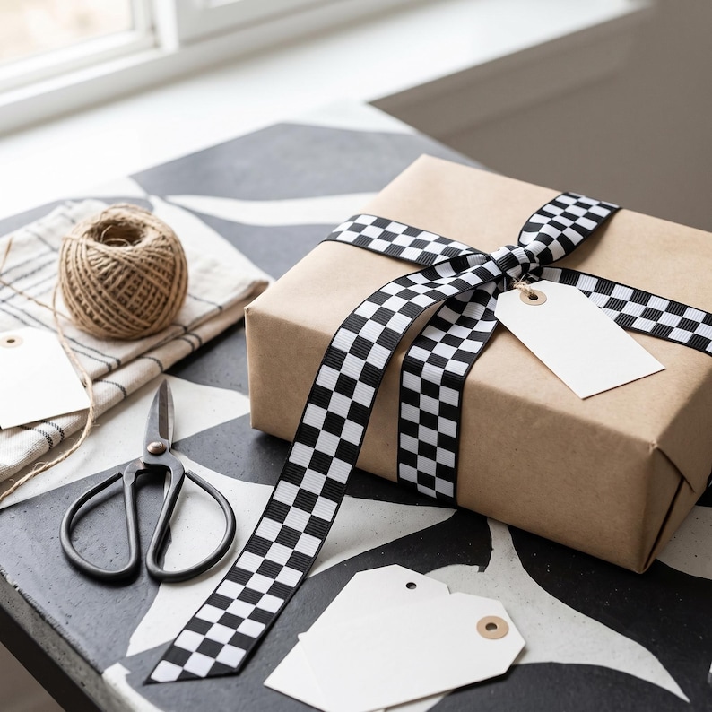 Czarno-biała wstążka grosgrain w kratkę z wzorem flagi wyścigowej, wstążka do kokard do włosów, do majsterkowania, szycia i pakowania prezentów zdjęcie 4