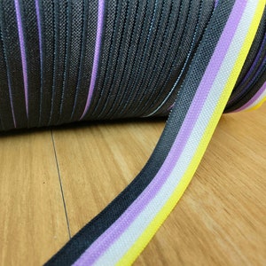 May include: A roll of black, white, yellow, and purple ribbon. The ribbon is folded in half and the colors are arranged in a stripe pattern.