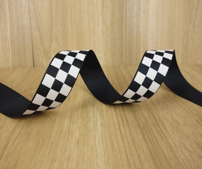 Czarno-biała wstążka grosgrain w kratkę z wzorem flagi wyścigowej, wstążka do kokard do włosów, do majsterkowania, szycia i pakowania prezentów zdjęcie 3