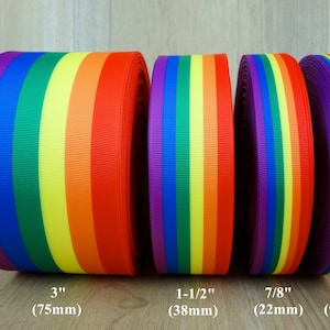 May include: Four rolls of rainbow ribbon in different widths: 3 inches (75 mm), 1-1/2 inches (38 mm), 7/8 inches (22 mm), and 3/8 inches (9 mm).