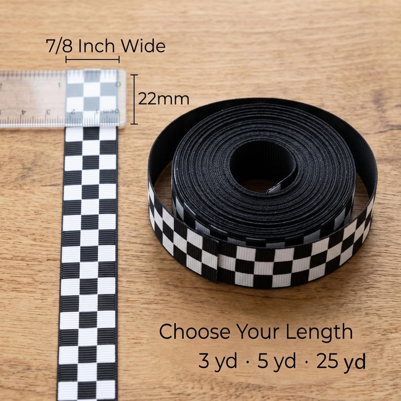 Czarno-biała wstążka grosgrain w kratkę z wzorem flagi wyścigowej, wstążka do kokard do włosów, do majsterkowania, szycia i pakowania prezentów zdjęcie 2