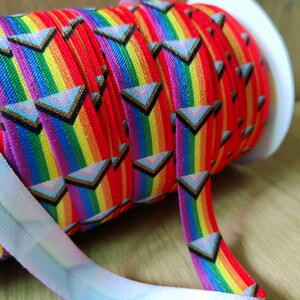 Puede incluir: Un carrete de cinta elástica a rayas arcoíris con un patrón geométrico triangular repetido. La cinta presenta un espectro de colores, incluyendo rojo, naranja, amarillo, verde, azul y morado. El patrón geométrico es un triángulo con borde marrón e interior azul claro y blanco.
