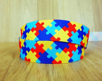 Autism Awareness Puzzle Printed Grosgrain Ribbons - 3 Inch,1-1/2 Inch,7/8 Inch,3/8 Inch