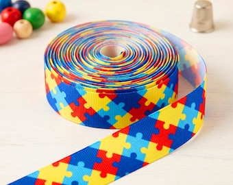Ruban gros-grain 7/8 po. (22 mm) de sensibilisation à l'autisme, ruban puzzle pour nœuds dans les cheveux, travaux manuels sensoriels, projets de bricolage, ruban par mètre