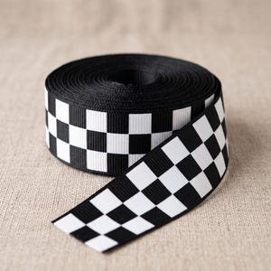 Czarno-biała wstążka grosgrain w kratkę z wzorem flagi wyścigowej, wstążka do kokard do włosów, do majsterkowania, szycia i pakowania prezentów zdjęcie 1