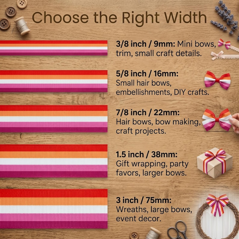 Peut inclure: Image pr&eacute;sentant des rubans de diff&eacute;rentes largeurs, de 9 mm &agrave; 75 mm, avec le texte "Choose the Right Width". Le ruban est aux couleurs du drapeau de la fiert&eacute; lesbienne. Exemples d'utilisation : mini-n&oelig;uds, n&oelig;uds pour cheveux, emballage cadeau et couronnes.