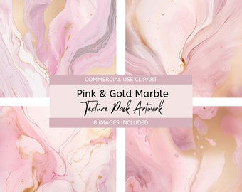 Watercolor Pink & Gold Swirl Digital Paper, Pink Wash Texture Pack, Pink Marble, Gold Veins, Background Clipart, Stationery, Commercial Use.
