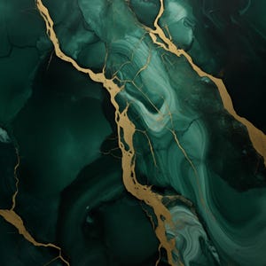 Op de afbeelding: Abstracte schilderij met draaiende groene en witte patronen, geaccentueerd door gouden aderen. De achtergrond is diep groen.