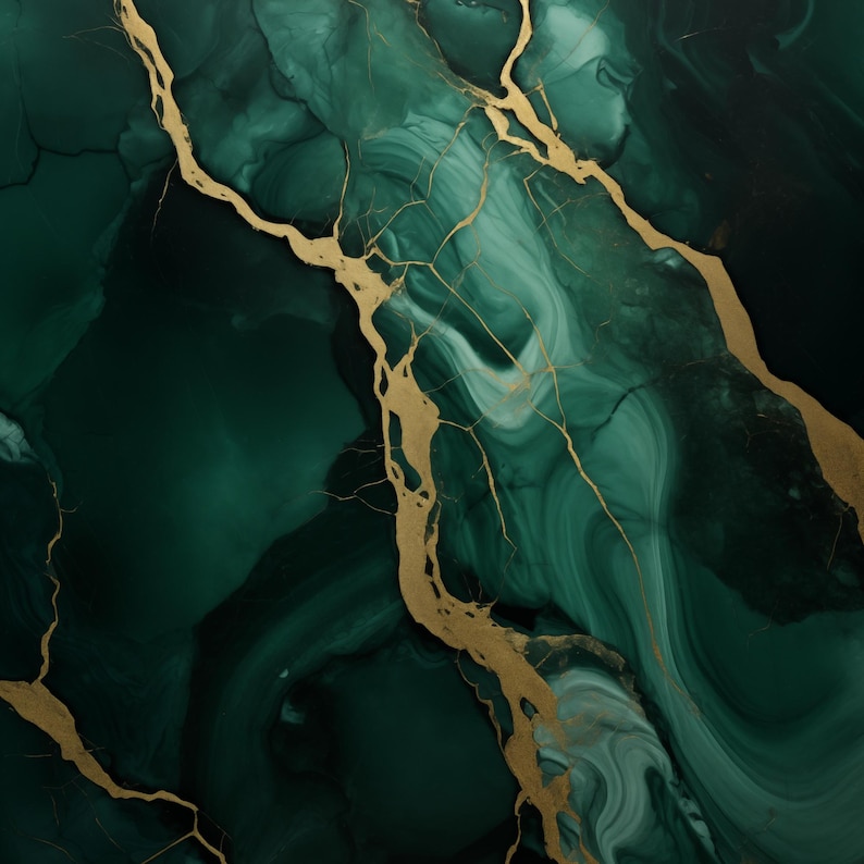 Op de afbeelding: Abstracte schilderij met draaiende groene en witte patronen, geaccentueerd door gouden aderen. De achtergrond is diep groen.
