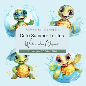 Puede incluir: Clipart de acuarela con cuatro lindas tortugas de verano sobre un fondo azul claro. Las tortugas tienen caparazones verdes y amarillos, algunas con gafas de sol o jugando con una pelota. El texto dice "Cute Summer Turtles Watercolor Clipart".