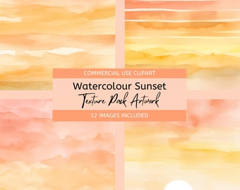 Texture Pack acquerello tramonto, clipart rosso, rosa, giallo, arancione, sfondo carta digitale stazionario, download istantaneo, uso commerciale