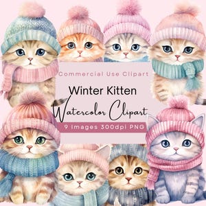 Aquarelle chaton clipart, chat mignon en bonnet et écharpe, image clipart hiver confortable PNG, pour cartes, travaux manuels, invitations et art numérique