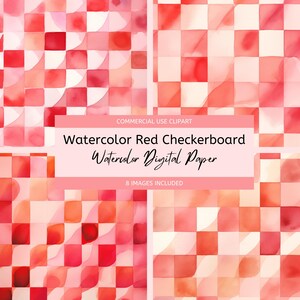 Könnte beinhalten: Satz von acht digitalen Papierdesigns mit einem roten und weißen Aquarell-Karomuster. Die Designs sind perfekt für Scrapbooking, Kartenherstellung und andere Bastelprojekte.  Clipart zur kommerziellen Nutzung.