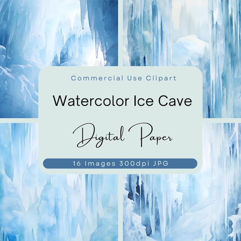 K&ouml;nnte beinhalten: Ein digitales Papierpaket mit 16 Aquarellbildern einer Eish&ouml;hle. Die Bilder sind 300 dpi und im JPG-Format.  Clipart zur kommerziellen Nutzung.