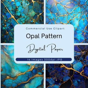 May include: A digital paper pack featuring 14 images of a blue and gold opal pattern. The images are 300dpi and are perfect for commercial use.