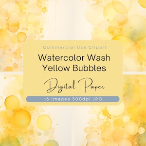 May include: Digital paper pack with 16 watercolor wash yellow bubble designs. Commercial use clipart. 300dpi JPG.