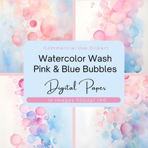 Papel digital con burbujas de acuarela en tonos rosa y azul. Paquete de texturas en rosa claro y azul, fondo para revelación de género, lavado abstracto, uso comercial.