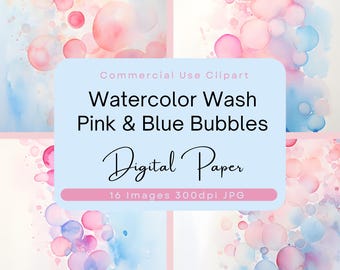 May include: Digital paper pack with 16 watercolor wash images of pink and blue bubbles. Commercial Use Clipart. 300dpi JPG.