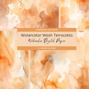 Watercolor Wash Terracotta Digital Paper. Deep Dark Orange Color Wash Texture Pack 300dpi JPGs. For backgrounds, stationery & scrapbooking.