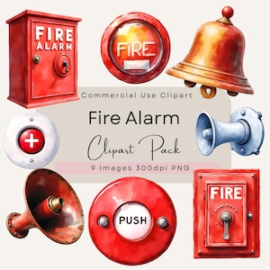 May include: Watercolor illustrations of fire safety equipment, including a red fire alarm box, a fire alarm bell, and a fire alarm button with the word "PUSH". The text "Fire Alarm Clipart Pack" is also visible.