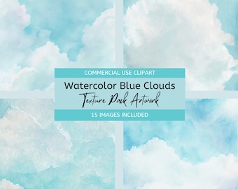 Blue Clouds Digital Paper, Watercolor Sky Background, Soft Texture Printable Craft Design Pack