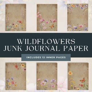 Wildflowers Junk Journal Paper, verouderd perkamentpapier met bloemen voor tijdschriften en scrapbooking. Rustieke antieke bloemen clipart.