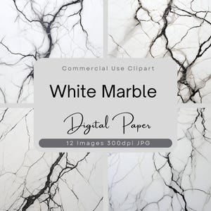 May include: A digital paper pack featuring 12 images of white marble with black veining. The images are 300 dpi and are perfect for crafting and design projects.