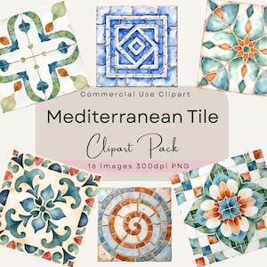 Mediterranean Tile Clipart Geometric Mosaic Pattern Teal Orange Terracotta Ceramic Digital Paper Clip Art Set