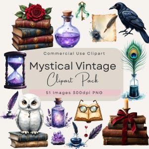 Mystical Vintage Clipart Bundle 50 PNG Illustrations of Gothic Romantasy Wizardary Fantasy Magical Books Potions Feathers and Florals.