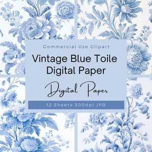 Vintage Blue Toile Digital Paper, Dusty Blue Floral Design, Blue Flower Clipart Toile de Jouy, Texture Pack 300dpi JPGs. Wedding Stationery.