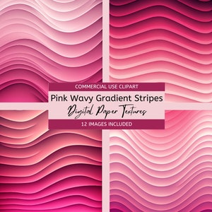 May include: A set of 12 digital paper textures featuring pink wavy gradient stripes.  COMMERCIAL USE CLIPART. Pink Wavy Gradient Stripes Digital Paper Textures 12 IMAGES INCLUDED.