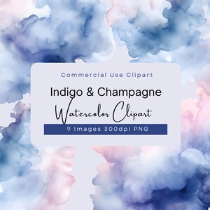 Clipart de aquarela com champanhe índigo, clipart de nuvens azuis e rosas, elementos de design elegantes em blush azul para decoração de casamento e scrapbooking.