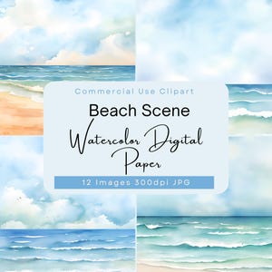 Rustige aquarel strandscène digitaal papier, oceaankustlijn achtergrond textuur pack clipart voor scrapbooking, uitnodigingen, kaarten en ambachten