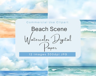 Tranquil Watercolor Beach Scene Digital Paper, Ocean Shoreline Background Texture Pack Clipart for Scrapbooking, Invitations, Cards & Crafts