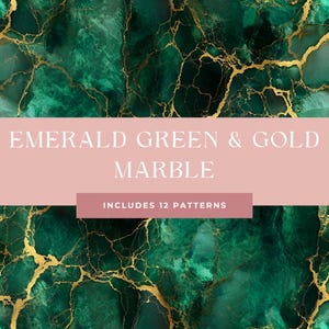 Może przedstawiać: Wzór z zielonego szmaragdu i złotego marmuru z tekstem "EMERALD GREEN & GOLD MARBLE" i "INCLUDES 12 PATTERNS" na różowym tle. Marmurowy wzór ma złote żyłki.