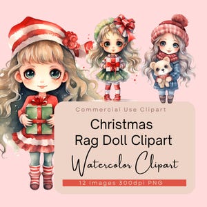 Christmas Doll Clipart, Watercolor Rag Doll Clip Art, Cute Girl in Winter Clothes, Kawaii Doll with Christmas Presents, Xmas Gifts Clipart.