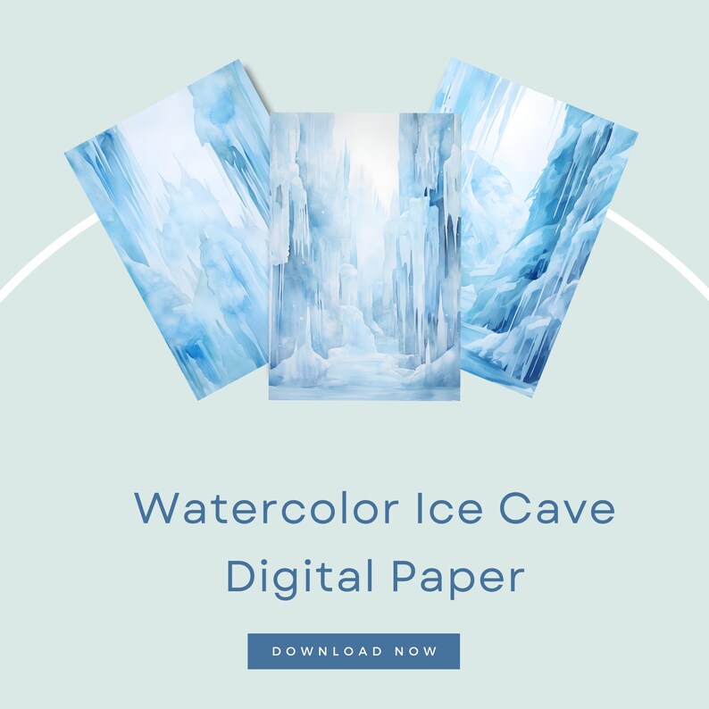 K&ouml;nnte beinhalten: Drei Aquarell-Illustrationen einer Eish&ouml;hle. Die Illustrationen sind in Blaut&ouml;nen und Wei&szlig; gehalten und zeigen verschiedene Eisformationen. Der Text "Watercolor Ice Cave Digital Paper" wird unter den Bildern angezeigt.