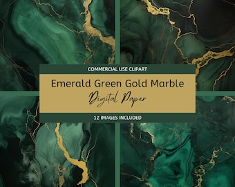 Smaragdgroen en goudmarmer digitaal papier. 300 dpi-afbeelding. Diepgroen met gouden rivieraders. Donker bosgroen marmer. Commercieel gebruik
