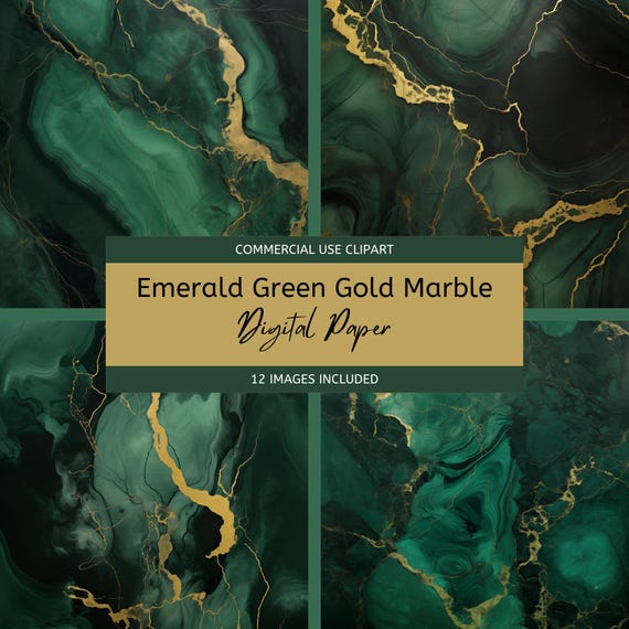 Emerald Green & Gold Marble Digital Paper. 300dpi Clipart. Deep Green with Gold River Veins. Dark Forest Green Marble. Commercial Use