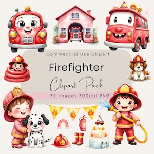 May include: A collection of watercolor firefighter-themed clip art. The images include a red fire truck, a fire station, a firefighter, a Dalmatian dog, a fire hose, a cake, and other related elements. The text "Firefighter Clipart Pack" is also included.
