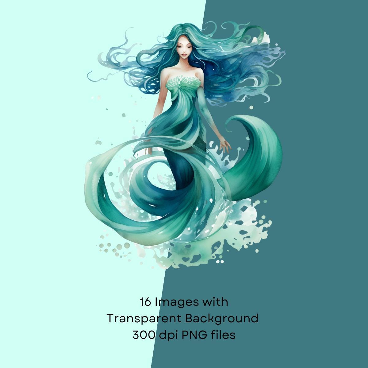 Elegant Watercolor Mermaid Clipart – Ocean Fantasy PNG Bundle, Ethereal ...