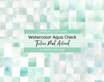 Aqua Check Digital Paper, Watercolor Gingham Backgrounds, Scrapbook Printable Pattern Pack.