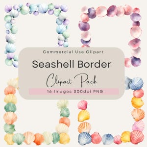 May include: A digital clipart pack showcasing seashell borders in shades of blue, pink, yellow, and green. The text reads "Seashell Border Clipart Pack", with details about the image count and resolution.
