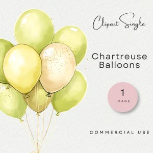 Puede incluir: Una ilustración digital de un grupo de globos color chartreuse con cuerdas finas. El texto dice Clipart Single, Chartreuse Balloons, 1 IMAGE y COMMERCIAL USE. Algunos globos presentan una textura ligeramente moteada.
