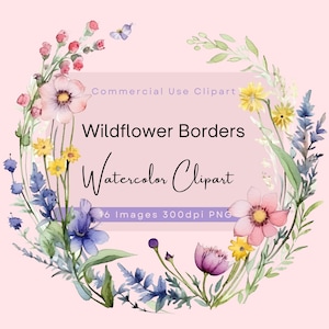 Aquarell Wildblumen Clipart.  Kreisförmiger Wildblumenrahmen, niedliche florale Clip Art, hübsche kleine Blumen PNG, Mohnblumen und Gänseblümchen.