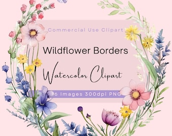 Clipart di bordo di fiori selvatici ad acquerello. Cornice circolare di fiori selvatici, Clip Art floreale carina, Graziosi fiori piccoli PNG, Papaveri e margherite.