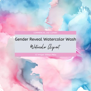 Acuarela con lavado de color rosa y azul para revelar el género del bebé, clipart transparente de 300 ppp. Para invitaciones a fiestas de baby shower, artículos de papelería, para niño o niña.