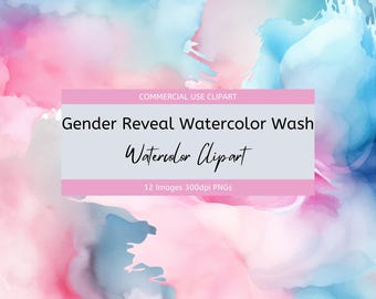 May include: A digital illustration of a watercolor wash in shades of pink and blue. The image is labeled "Gender Reveal Watercolor Wash Watercolor Clipart" and "12 Images 300dpi PNGs".