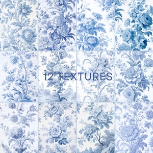 May include: A collage of 12 blue and white floral patterns. The patterns are arranged in a grid of four rows and three columns. The patterns are all different, but they all have a similar style. The patterns are all very detailed and intricate.