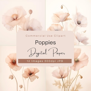 Papel digital floral de amapola con rubor suave, impresión de arte botánico de acuarela vintage, paquete de texturas, fondo de imágenes prediseñadas de flores pastel para diarios basura.